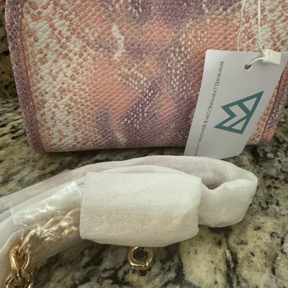 Kelley Wynne Pink Snake-Print Crossbody Bag with Gold Chain